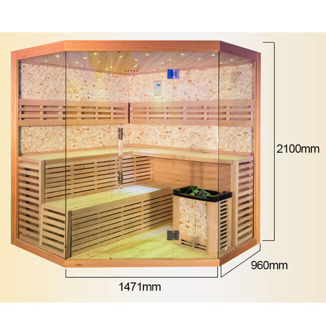 Product Description 01.Introduction The traditional steam sauna is the perfect way to relax and rejuvenate in the comfort of your own home. The included Harvia heater produces up to 195°F, while the barrel and spoon allow you to add water to the heater st