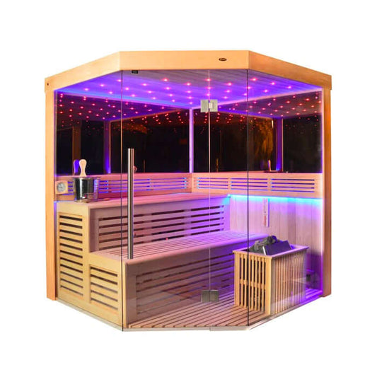01.Introduction The traditional steam sauna is the perfect way to relax and rejuvenate in the comfort of your own home. The included Harvia heater produces up to 195°F, while the barrel and spoon allow you to add water to the heater stone to achieve your