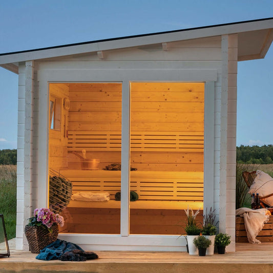 'Subtle, Serene, and Refreshing,' perfectly encapsulates the essence of the SAUNA EVOLUTION Cabin Sauna Eco Oasis 3. This delightful and fully-equipped sauna cabin measures 4 square meters, offering a cozy haven that's both charming and practical. Adorned