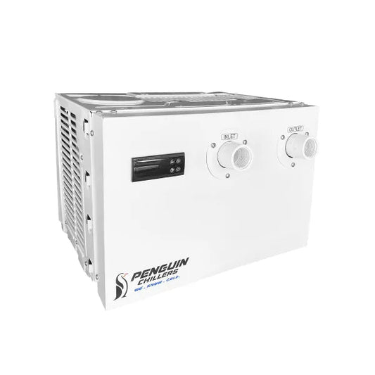 ½ HP (HE) Water Chiller 5,750 BTU/hr 1″ NPT inlet/outlet ports (female threaded PVC) Titanium Heat Exchanger = Reef Tank Safe Recommended operating range ~40°F to ~100°F 56 dBA 6′ Power Cord 110 – 120 Volts / 450 Watts / 3.9 Amps 16.25”W x 14.75”D x 12”H