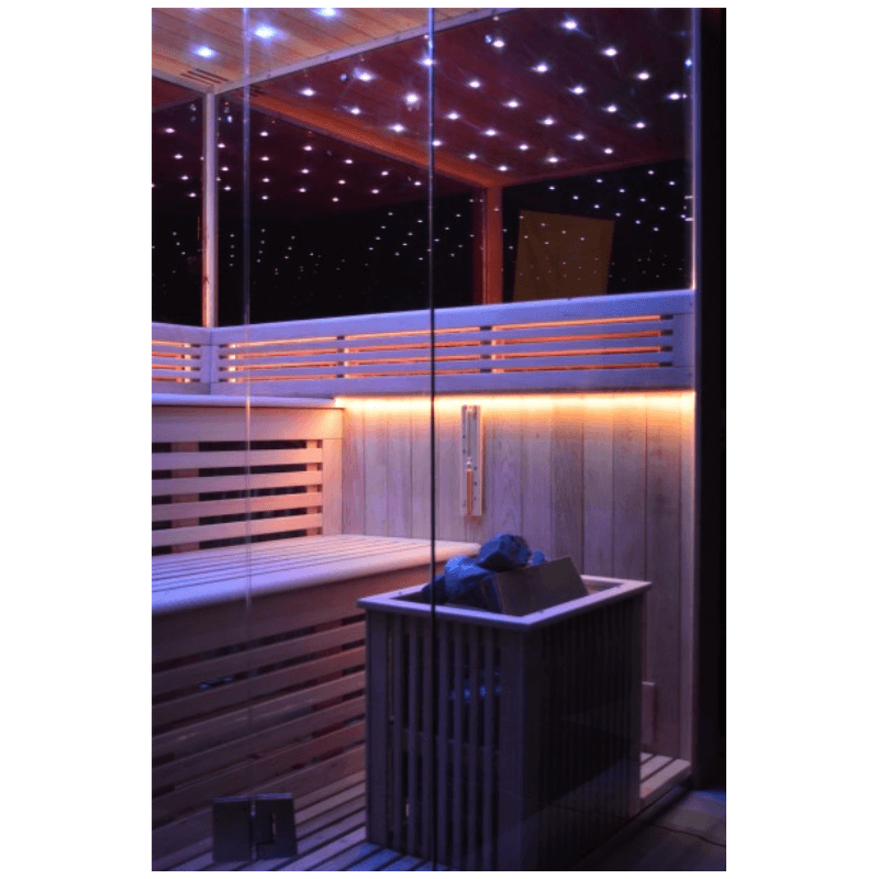 01.Introduction The traditional steam sauna is the perfect way to relax and rejuvenate in the comfort of your own home. The included Harvia heater produces up to 195°F, while the barrel and spoon allow you to add water to the heater stone to achieve your
