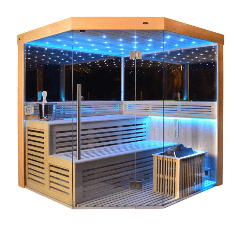 01.Introduction The traditional steam sauna is the perfect way to relax and rejuvenate in the comfort of your own home. The included Harvia heater produces up to 195°F, while the barrel and spoon allow you to add water to the heater stone to achieve your