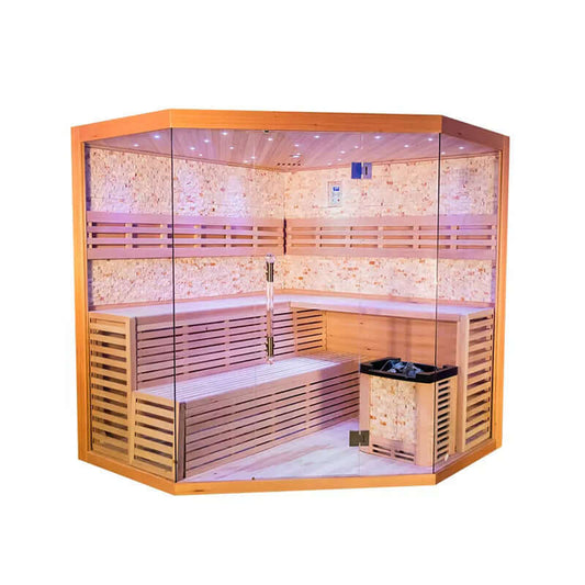 Product Description 01.Introduction The traditional steam sauna is the perfect way to relax and rejuvenate in the comfort of your own home. The included Harvia heater produces up to 195°F, while the barrel and spoon allow you to add water to the heater st