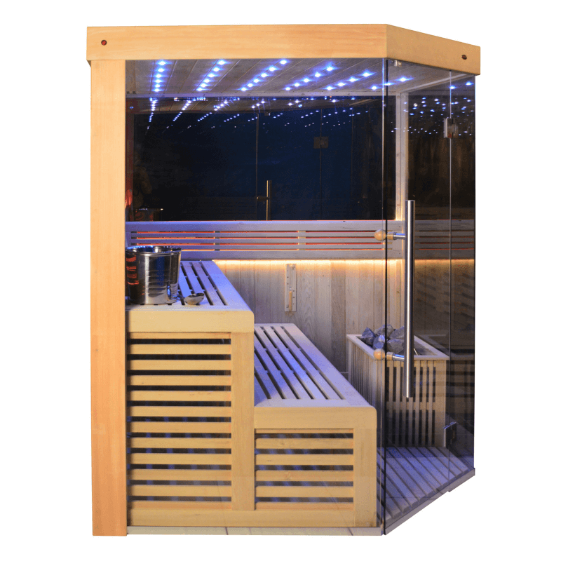 01.Introduction The traditional steam sauna is the perfect way to relax and rejuvenate in the comfort of your own home. The included Harvia heater produces up to 195°F, while the barrel and spoon allow you to add water to the heater stone to achieve your