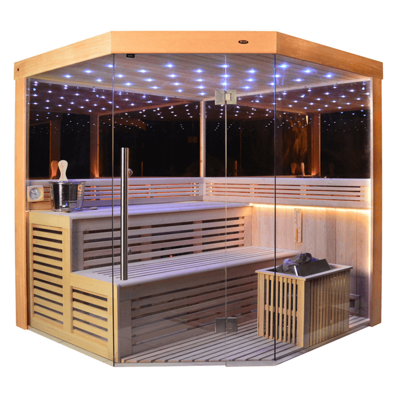 01.Introduction The traditional steam sauna is the perfect way to relax and rejuvenate in the comfort of your own home. The included Harvia heater produces up to 195°F, while the barrel and spoon allow you to add water to the heater stone to achieve your