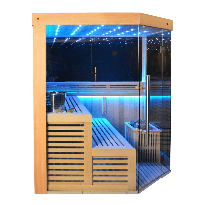 01.Introduction The traditional steam sauna is the perfect way to relax and rejuvenate in the comfort of your own home. The included Harvia heater produces up to 195°F, while the barrel and spoon allow you to add water to the heater stone to achieve your