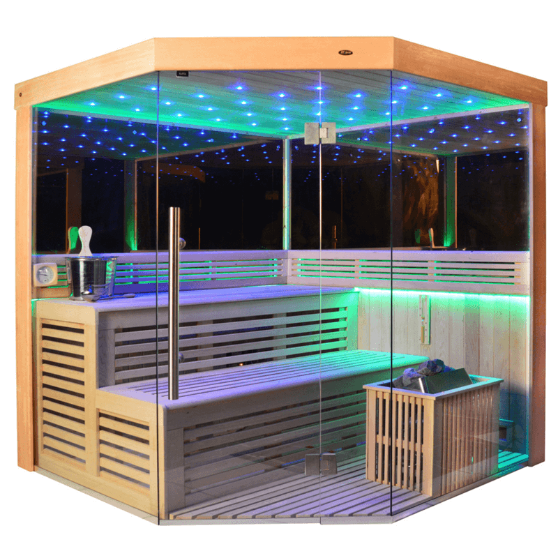 01.Introduction The traditional steam sauna is the perfect way to relax and rejuvenate in the comfort of your own home. The included Harvia heater produces up to 195°F, while the barrel and spoon allow you to add water to the heater stone to achieve your