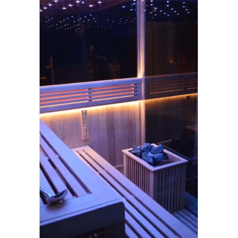 01.Introduction The traditional steam sauna is the perfect way to relax and rejuvenate in the comfort of your own home. The included Harvia heater produces up to 195°F, while the barrel and spoon allow you to add water to the heater stone to achieve your