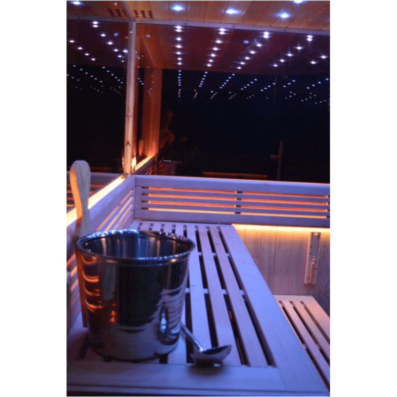 01.Introduction The traditional steam sauna is the perfect way to relax and rejuvenate in the comfort of your own home. The included Harvia heater produces up to 195°F, while the barrel and spoon allow you to add water to the heater stone to achieve your