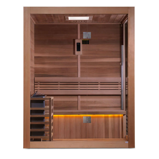 FEATURES AND SPECIFICATIONS: 2-3 person capacity 100% Natural Canadian Red Cedar Wood Interior / Canadian Hemlock Wood Exterior Interior Chromotherapy lighting system (Oversize) Interior backrest with accent lighting Touch Screen Control Panel \with built