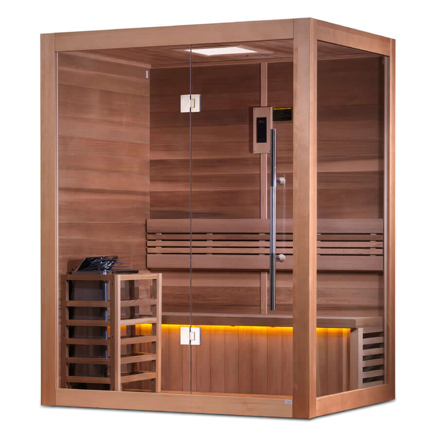 FEATURES AND SPECIFICATIONS: 2-3 person capacity 100% Natural Canadian Red Cedar Wood Interior / Canadian Hemlock Wood Exterior Interior Chromotherapy lighting system (Oversize) Interior backrest with accent lighting Touch Screen Control Panel \with built