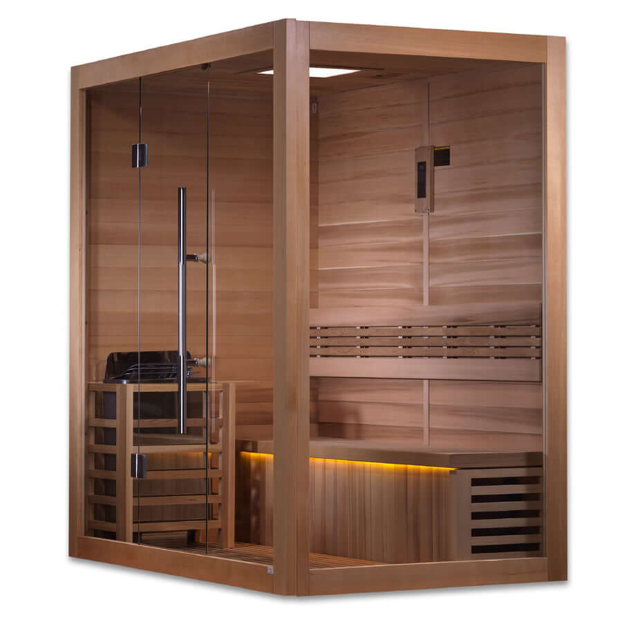 FEATURES AND SPECIFICATIONS: 2-3 person capacity 100% Natural Canadian Red Cedar Wood Interior / Canadian Hemlock Wood Exterior Interior Chromotherapy lighting system (Oversize) Interior backrest with accent lighting Touch Screen Control Panel \with built