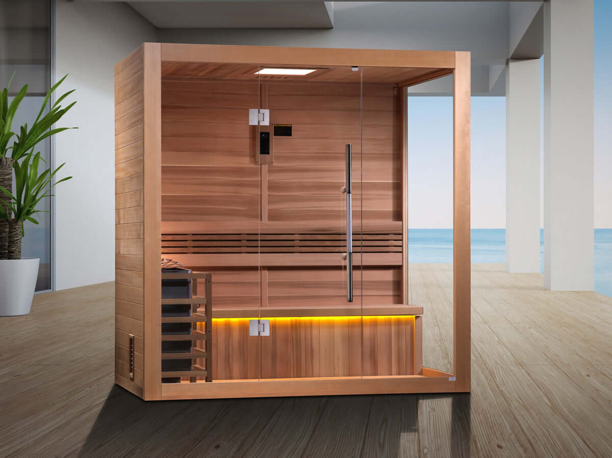 FEATURES AND SPECIFICATIONS: 2-3 person capacity 100% Natural Canadian Red Cedar Wood Interior / Canadian Hemlock Wood Exterior Interior Chromotherapy lighting system (Oversize) Interior backrest with accent lighting Touch Screen Control Panel \with built