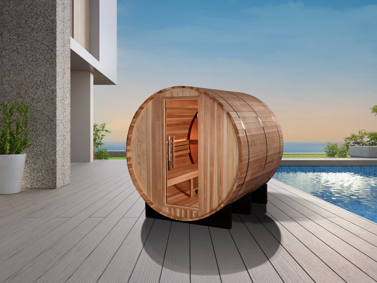 Golden Designs "Zurich" 4 Person Barrel with Bronze Privacy View Sauna