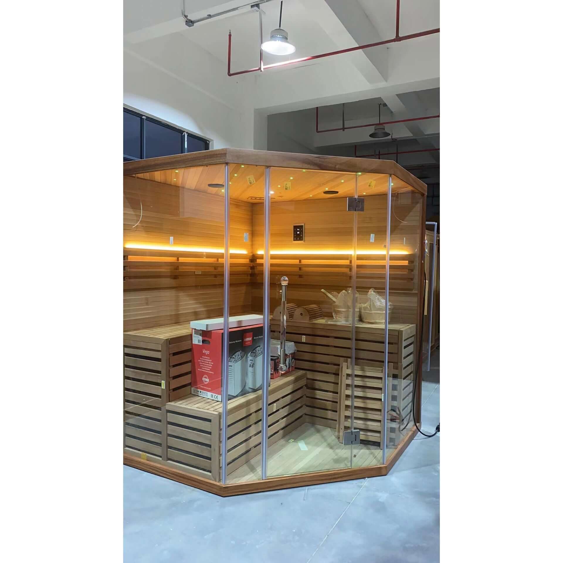 Product Description 01.Introduction The traditional steam sauna is the perfect way to relax and rejuvenate in the comfort of your own home. The included Harvia heater produces up to 195°F, while the barrel and spoon allow you to add water to the heater st