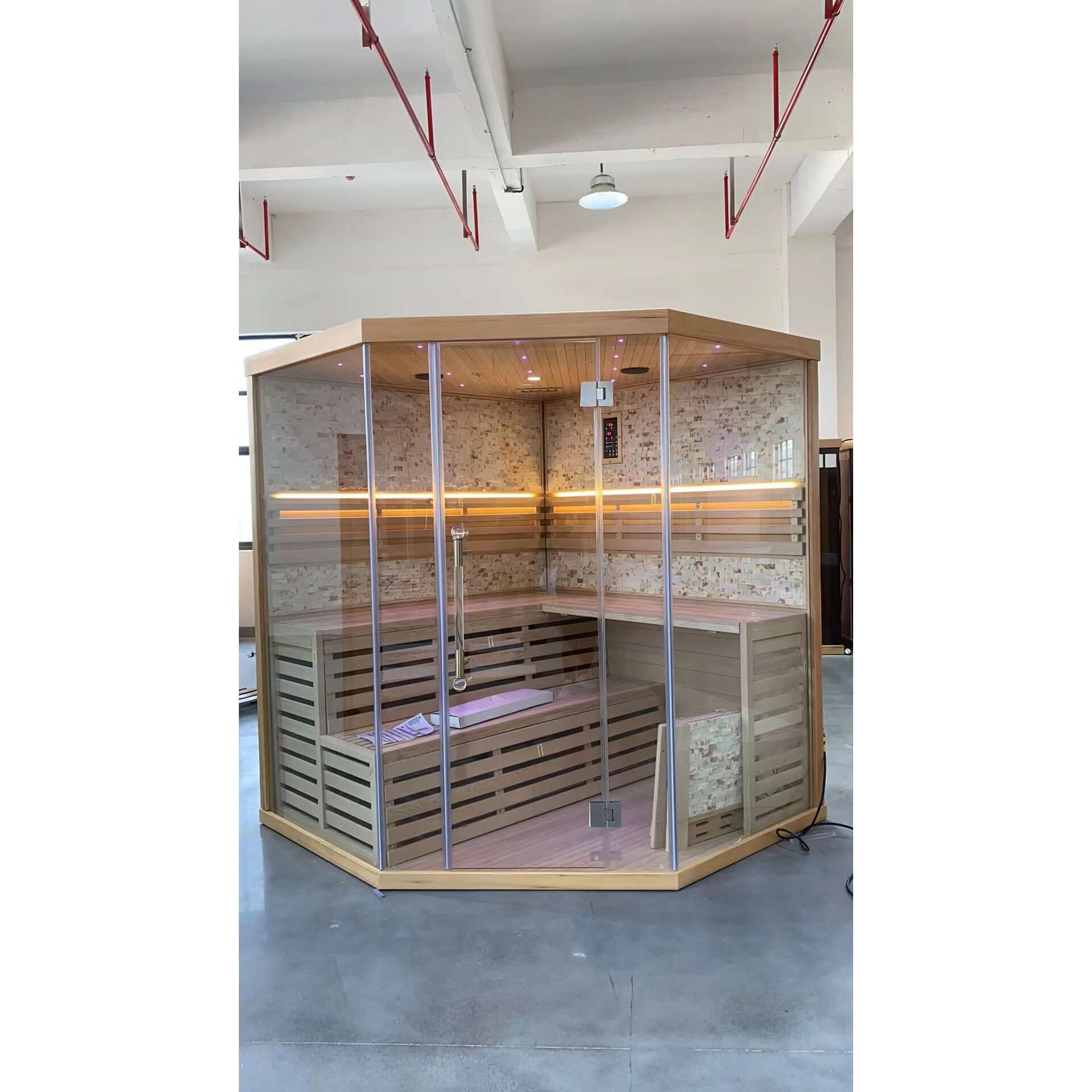 Product Description 01.Introduction The traditional steam sauna is the perfect way to relax and rejuvenate in the comfort of your own home. The included Harvia heater produces up to 195°F, while the barrel and spoon allow you to add water to the heater st