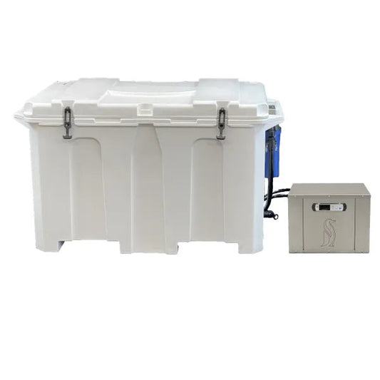 The Cold Therapy Insulated Tub Package includes: 100-gallon insulated tub: 54″ x 31″ x 32″ external / 43.5″ x 24.5″ x 24″ internal Attached filter canister with 150-micron washable/reusable filter so that the chiller lasts years to come Inline screen to c