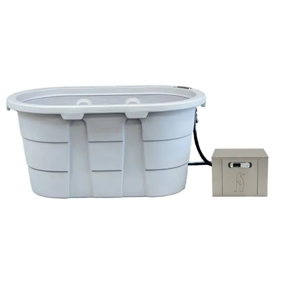 Cold Therapy Chiller & Uninsulated Tub Package: Plug & Play – No Tools Needed Package Includes: 100-gallon tub (53″ x 31″ x 26″ external / 47″ x 25″ x 26″ internal) Attached filter canister with 150-micron washable/reusable filter Inline screen – coarse f