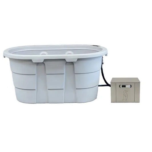 Cold Therapy Chiller & Uninsulated Tub Package: Plug & Play – No Tools Needed Package Includes: 100-gallon tub (53″ x 31″ x 26″ external / 47″ x 25″ x 26″ internal) Attached filter canister with 150-micron washable/reusable filter Inline screen – coarse f