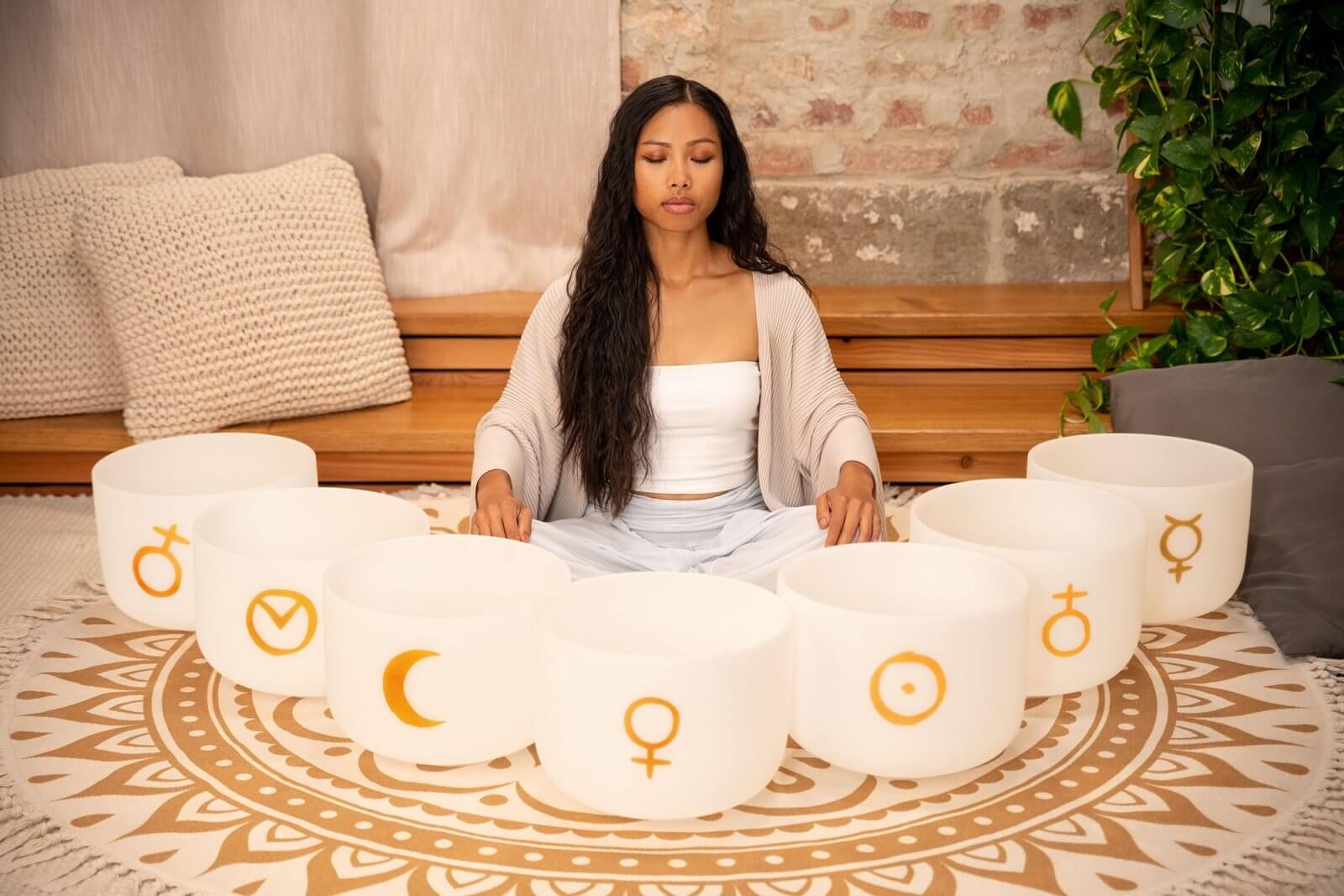 Experience the celestial harmony of the Planetary-Tuned Chakra Set of the Seven Large 12-inch White Frosted Quartz Singing Bowls, meticulously crafted based on Hans Cousto's calculations (author of "The Cosmic Octave") to match the frequencies of the sun,