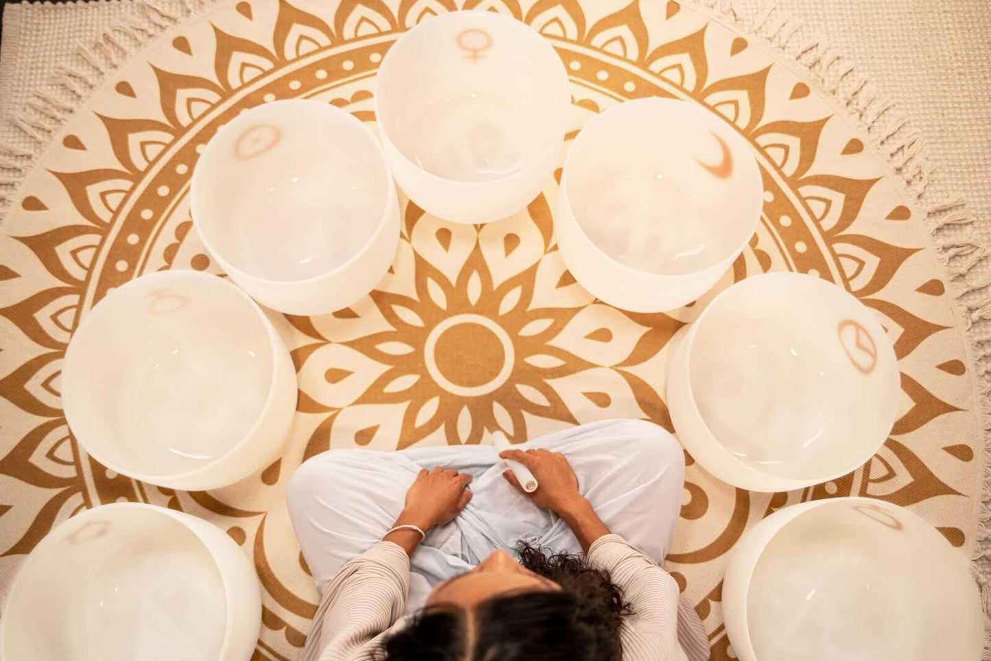 Experience the celestial harmony of the Planetary-Tuned Chakra Set of the Seven Large 12-inch White Frosted Quartz Singing Bowls, meticulously crafted based on Hans Cousto's calculations (author of "The Cosmic Octave") to match the frequencies of the sun,