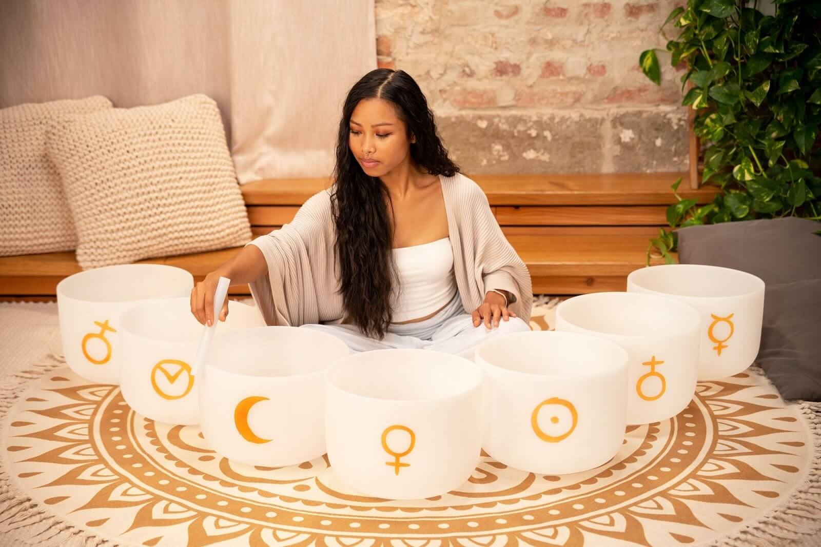 Experience the celestial harmony of the Planetary-Tuned Chakra Set of the Seven Large 12-inch White Frosted Quartz Singing Bowls, meticulously crafted based on Hans Cousto's calculations (author of "The Cosmic Octave") to match the frequencies of the sun,