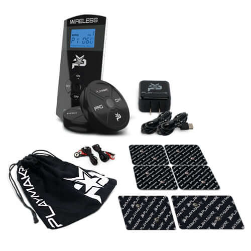 Completely wireless, the PlayMakar PRO is the ultimate take with you anywhere electrical muscle stimulator system. Comes with 14 programs designed to help build strength, maximize endurance, assist recovery, improve the quality of warm-up, manage pain, an