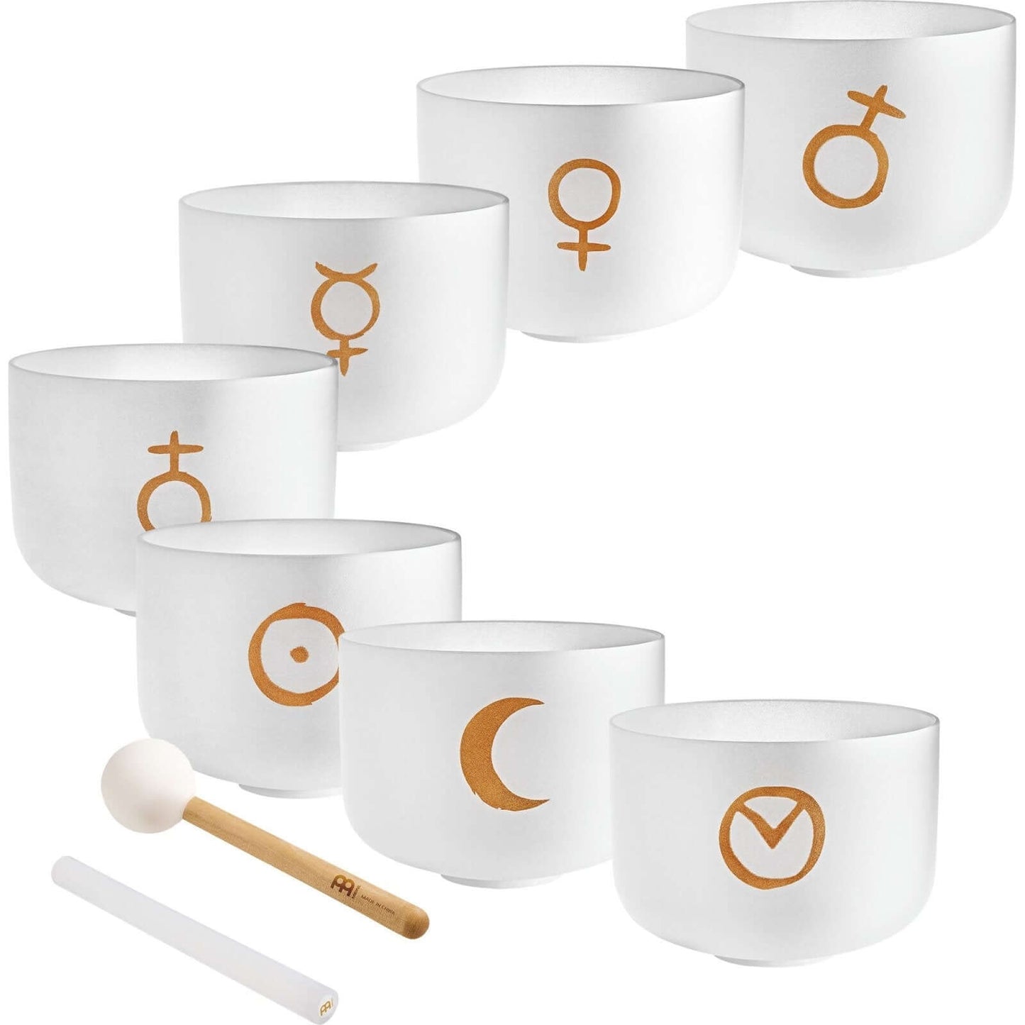 Experience the celestial harmony of the Planetary-Tuned Chakra Set of the Seven Large 12-inch White Frosted Quartz Singing Bowls, meticulously crafted based on Hans Cousto's calculations (author of "The Cosmic Octave") to match the frequencies of the sun,