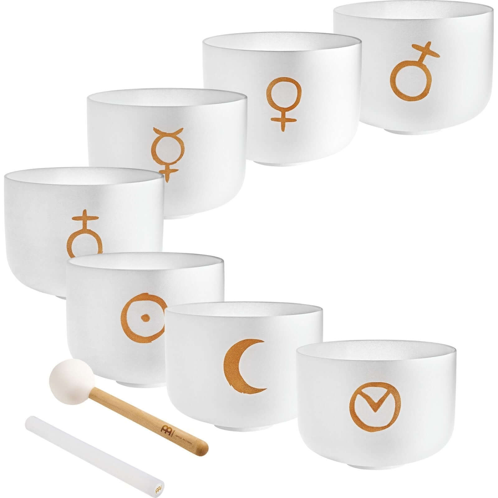 Experience the celestial harmony of the Planetary-Tuned Chakra Set of the Seven Large 12-inch White Frosted Quartz Singing Bowls, meticulously crafted based on Hans Cousto's calculations (author of "The Cosmic Octave") to match the frequencies of the sun,