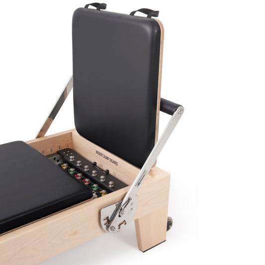 The Elite reformer from Elina Pilates stands out as a high-performance, professional reformer. This very innovative machine is made from rock maple wood and stainless steel metal parts. A distinctive feature of the Elite is its ability to be stacked, very