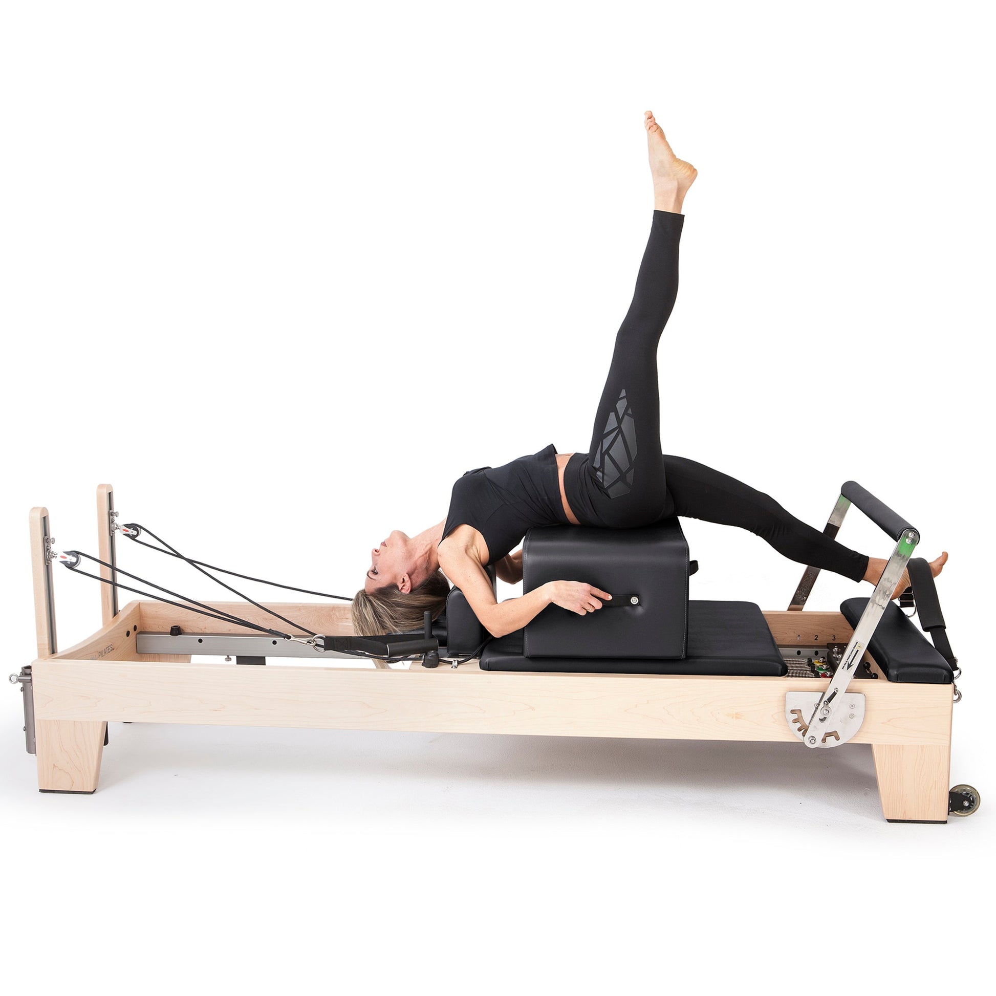 The Elite reformer from Elina Pilates stands out as a high-performance, professional reformer. This very innovative machine is made from rock maple wood and stainless steel metal parts. A distinctive feature of the Elite is its ability to be stacked, very