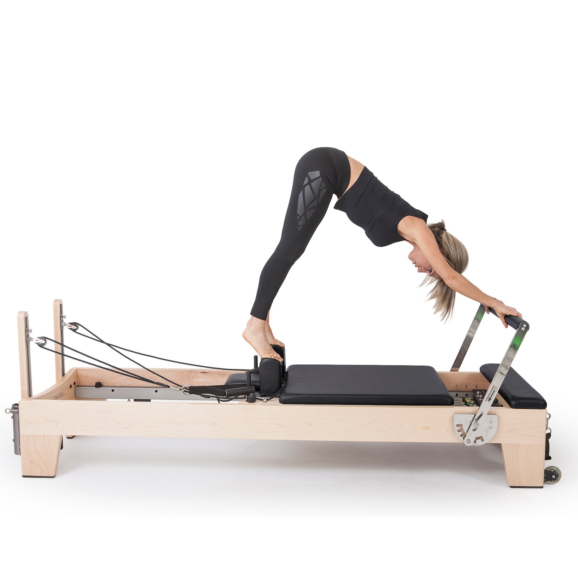 The Elite reformer from Elina Pilates stands out as a high-performance, professional reformer. This very innovative machine is made from rock maple wood and stainless steel metal parts. A distinctive feature of the Elite is its ability to be stacked, very
