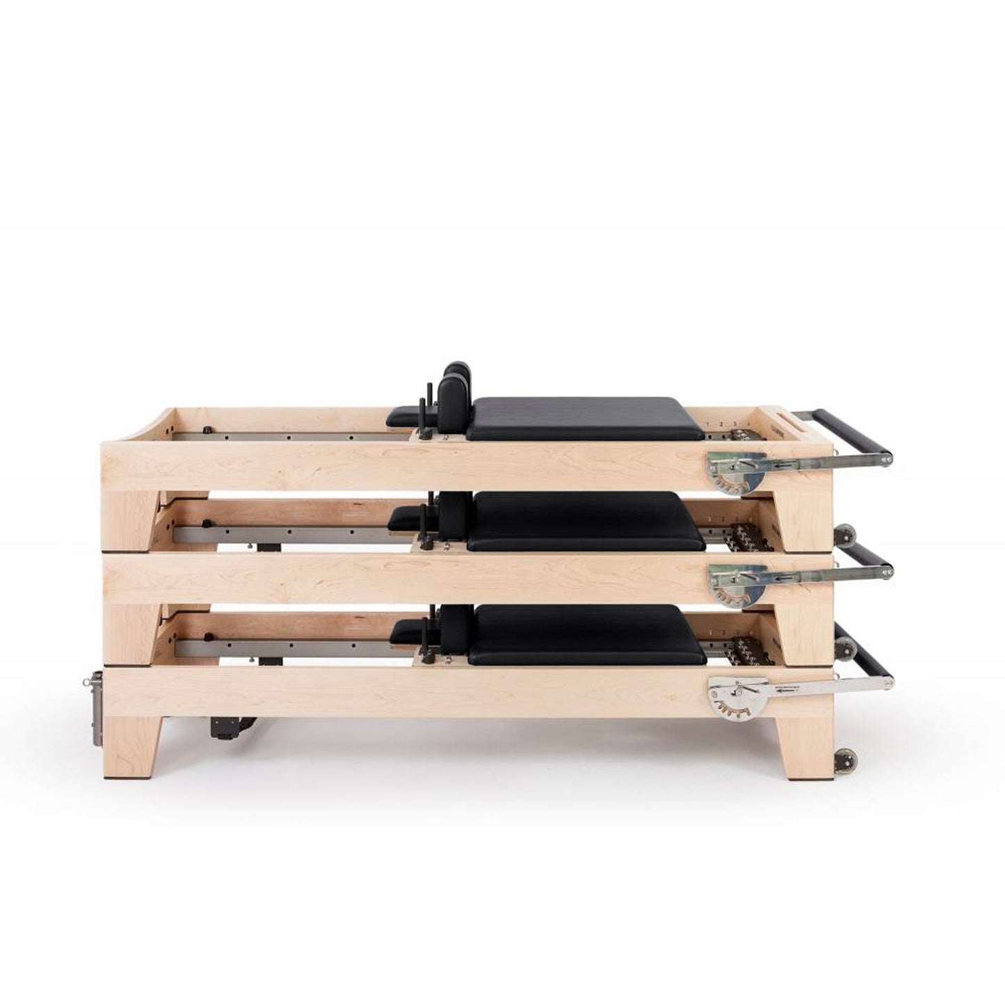 The Elite reformer from Elina Pilates stands out as a high-performance, professional reformer. This very innovative machine is made from rock maple wood and stainless steel metal parts. A distinctive feature of the Elite is its ability to be stacked, very