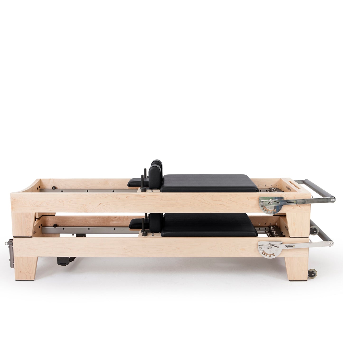 The Elite reformer from Elina Pilates stands out as a high-performance, professional reformer. This very innovative machine is made from rock maple wood and stainless steel metal parts. A distinctive feature of the Elite is its ability to be stacked, very