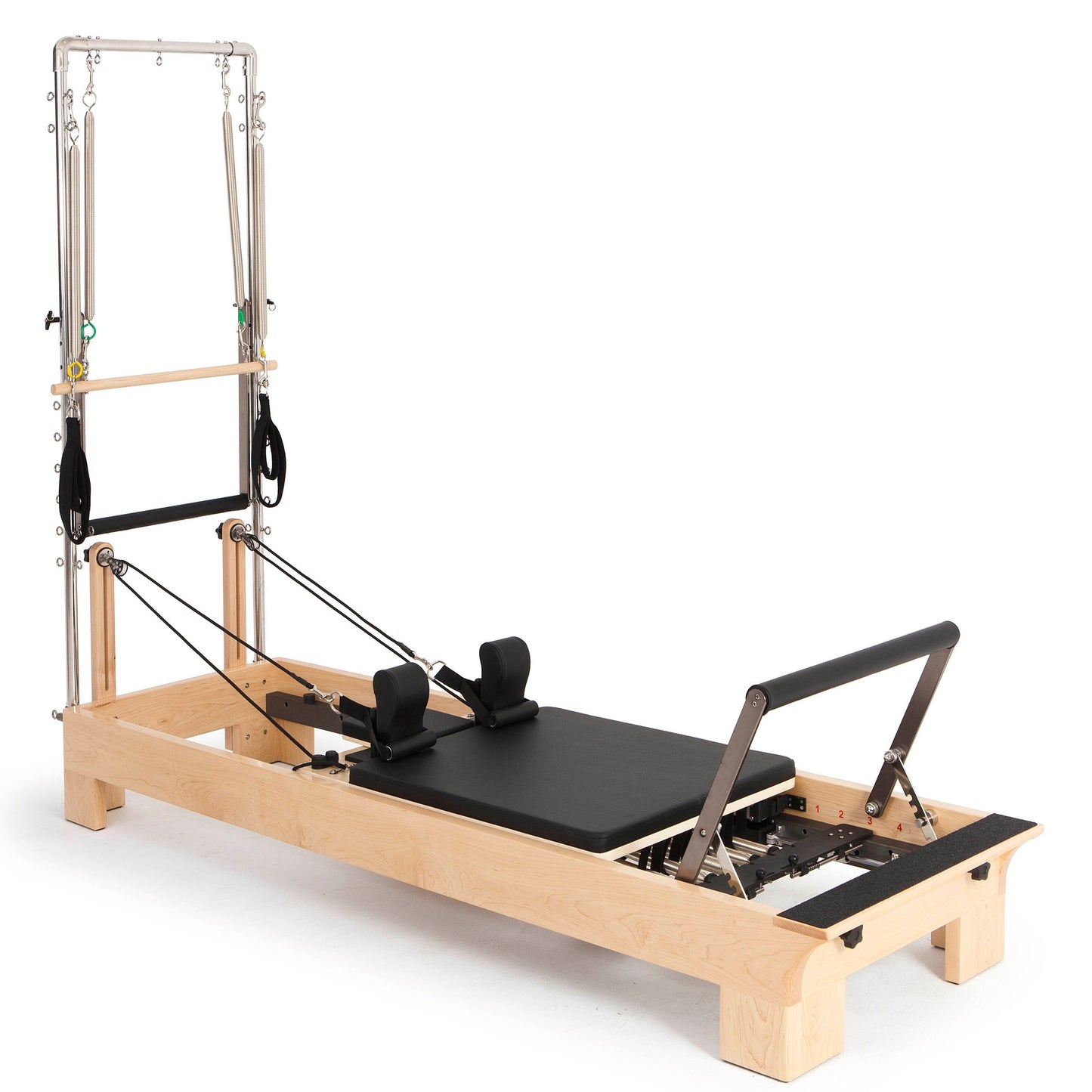 The first Reformer from Elina Pilates, distinguished for its remarkable advancements, is a dynamic and comfortable machine, ideal for studios seeking the warmth provided by wood. Made of rock maple and stainless steel, it ensures exceptional stability and