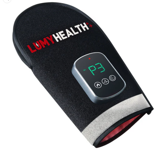 Black heating pad with digital display and 'Lumy Health' branding on a white background