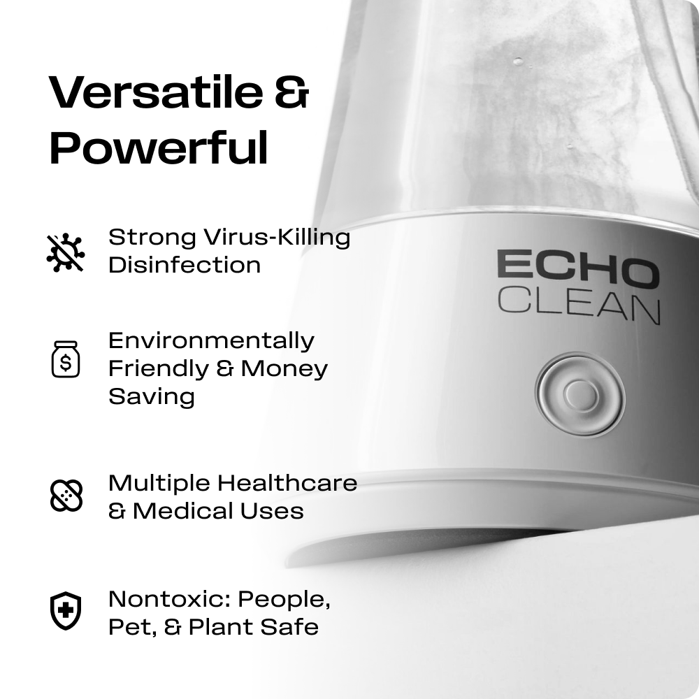 Just add water to create a cleaning solution with the Echo Clean™, generating hypochlorous acid, a naturally occurring compound known for its cleaning capabilities. This solution is effective on germs and bacteria yet gentle on most household surfaces. Th