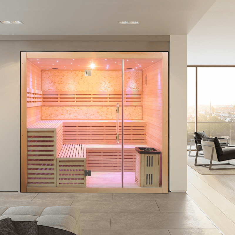 Product Description 01.Introduction The traditional steam sauna is the perfect way to relax and rejuvenate in the comfort of your own home. The included Harvia heater produces up to 195°F, while the barrel and spoon allow you to add water to the heater st
