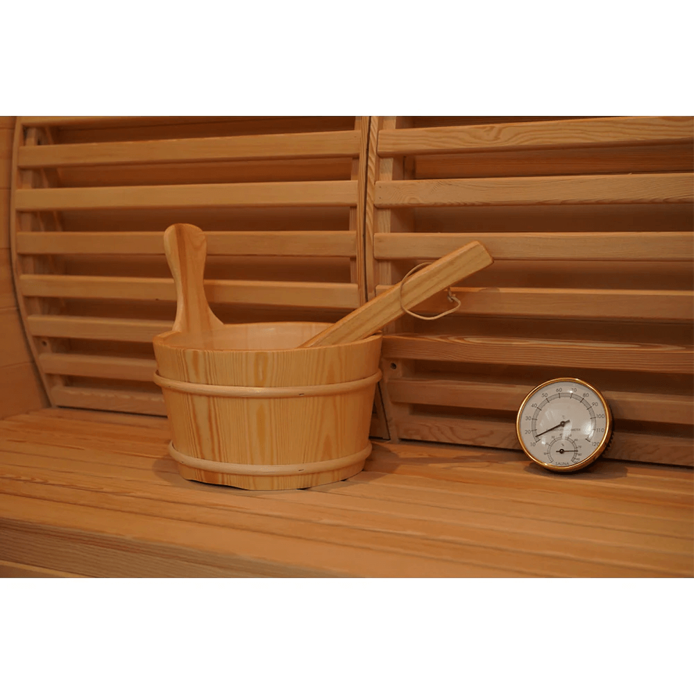 FEATURES AND SPECIFICATIONS: 2-3 person capacity 100% Natural Canadian Red Cedar Wood Interior / Canadian Hemlock Wood Exterior Interior Chromotherapy lighting system (Oversize) Interior backrest with accent lighting Touch Screen Control Panel \with built