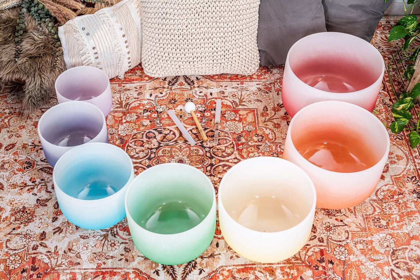 Are you tired of looking at poorly made color singing bowls online? This premium Crystal Singing Bowl Chakra Set stands apart with its gradient color design, large size from 8" to 14", and unmatched quality control with pure sound characteristics. The uni