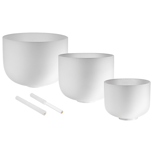 A perfect match of 3 Crystal Singing Bowls. Easily produce harmonious sounds and start delivering high-quality sound baths right away. Experience a unique resonance with this Pure Harmony Set. The hand-selected notes F4, D4, and C4 in 432 Hz Tuning delive