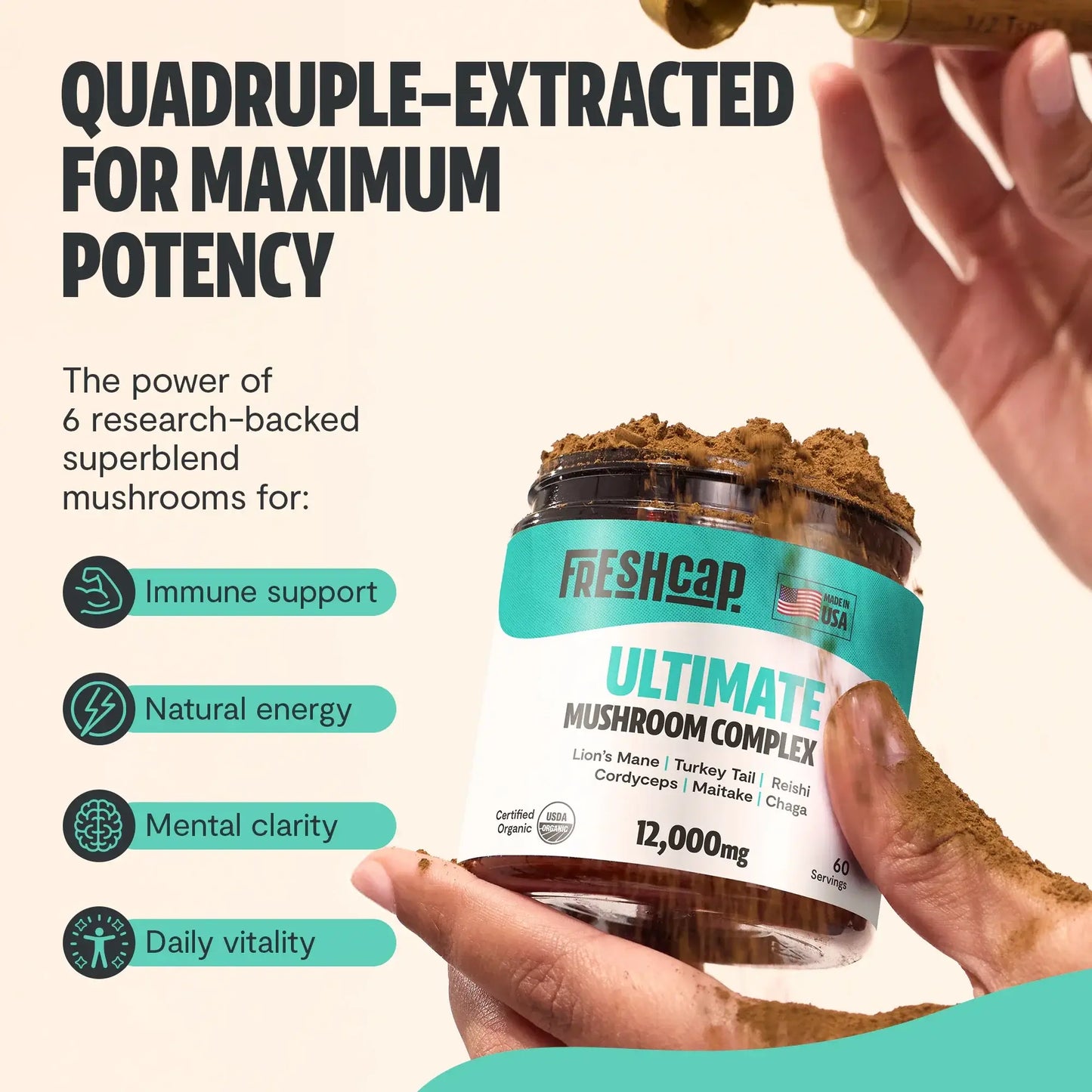 Premium mushroom blend featuring six powerful extracts for complete wellness. Our mushroom complex delivers 12,000mg raw mushroom power in versatile powder form.