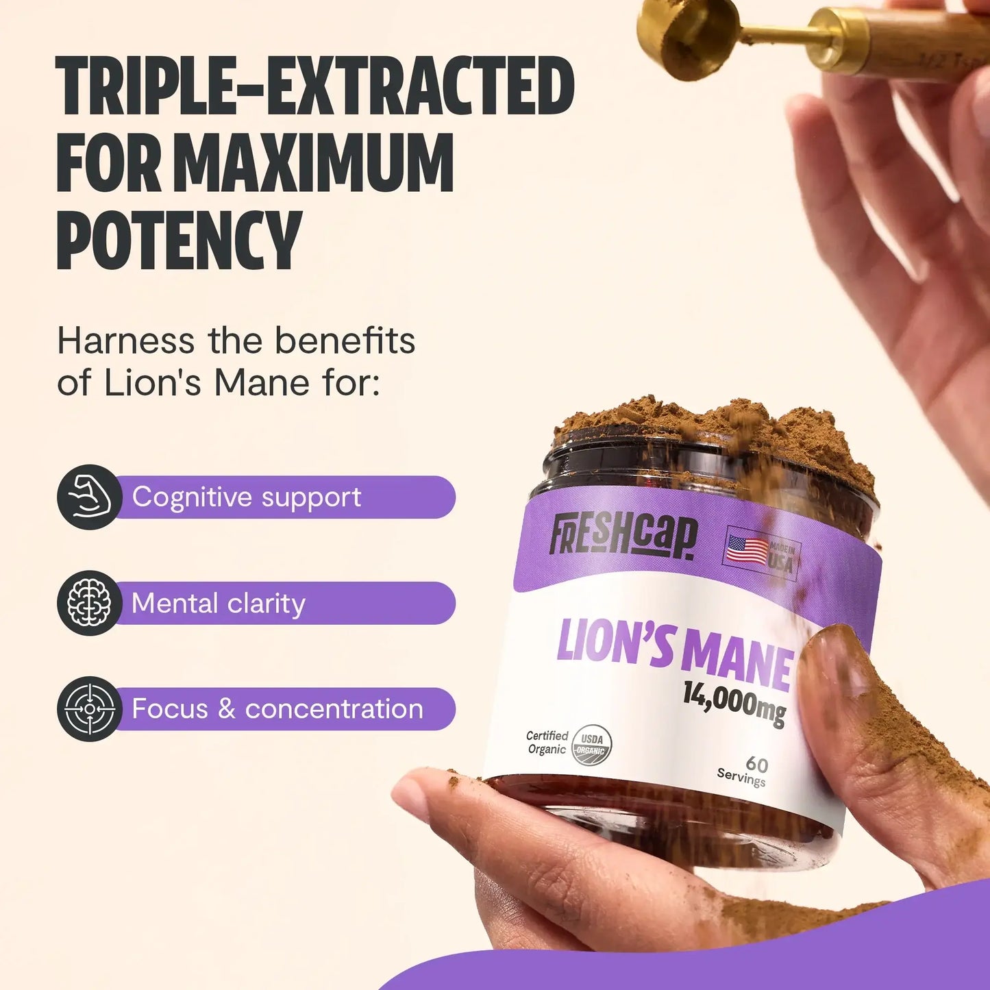 Premium Lion's Mane mushroom powder supplement for mental clarity and cognitive function. Triple-extracted for maximum potency, delivering 14,000mg raw mushroom power in versatile powder form.