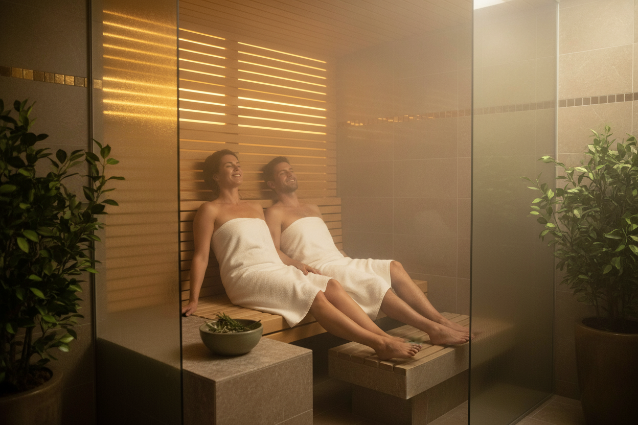 happy couple in steam room