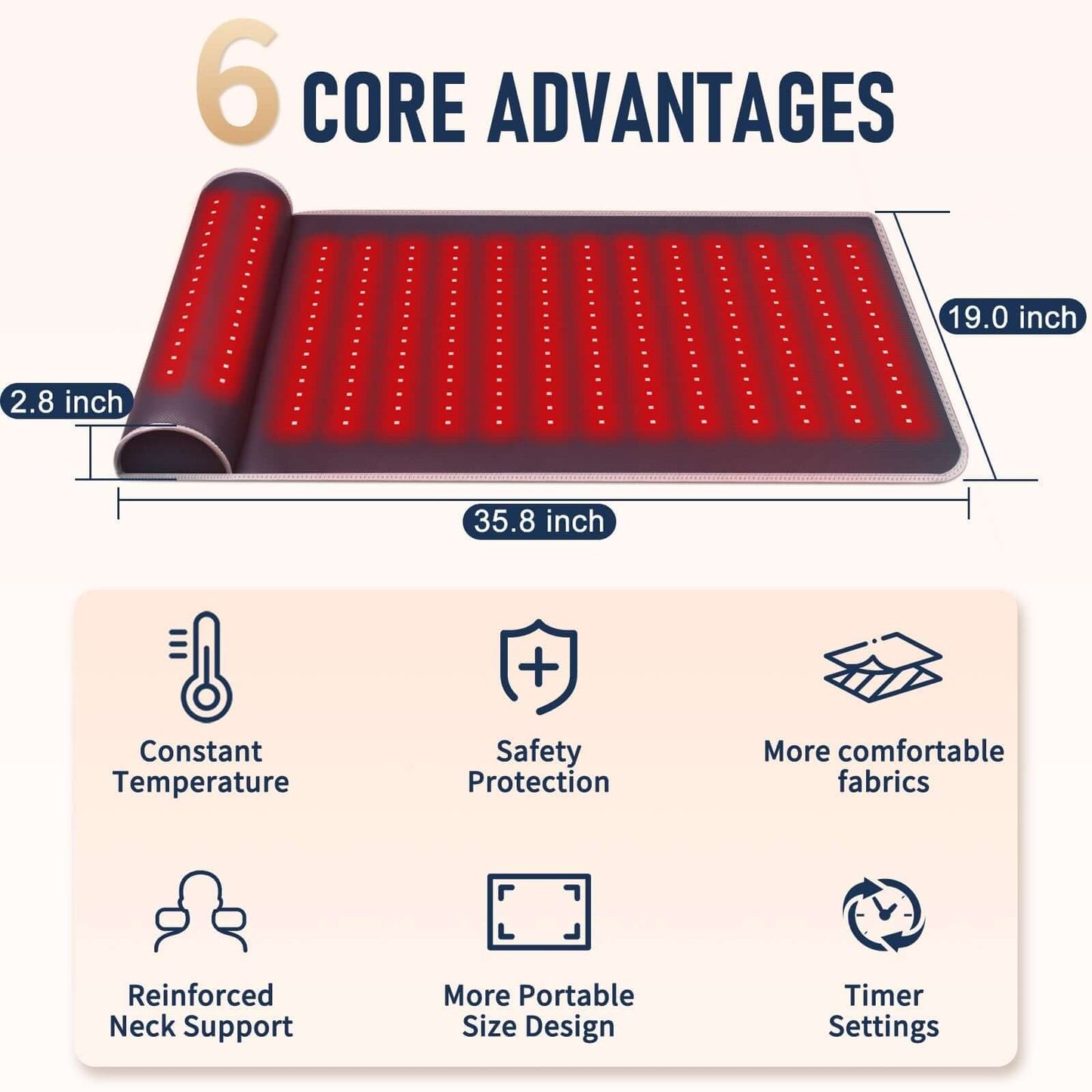 Product Dimensions and Features: Our red light therapy mat measures 19.0 x 35.8 inches and includes a 2.8-inch neck support for optimal relaxation. Flip the pad over to target lower back tension, providing a cost-effective solution for full-body relaxatio