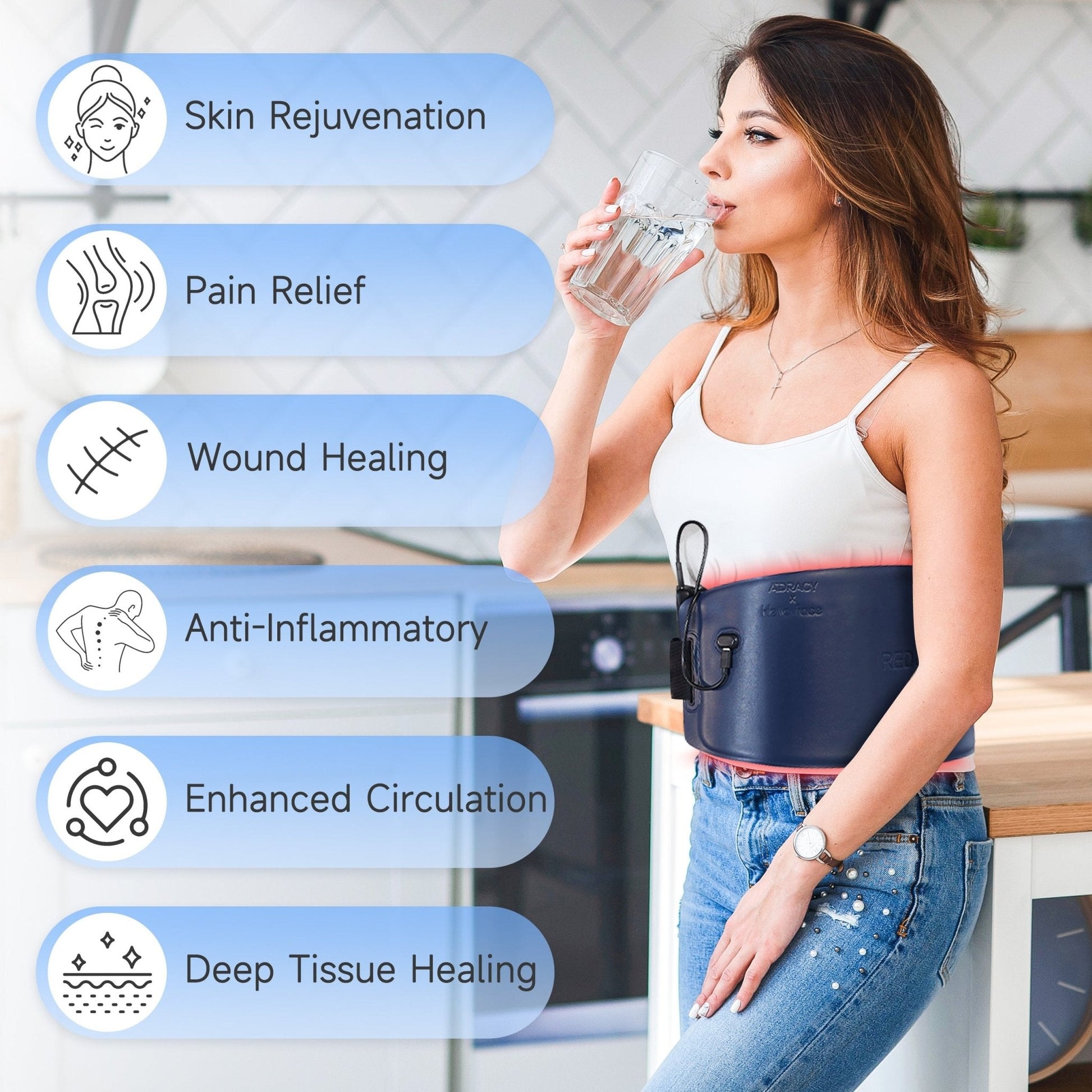 【Dual-Wavelength Red Light Therapy】 Featuring 120 upgraded 3-in-1 LED beads, our red light therapy belt combines 630nm red light with 850nm near-infrared light for maximum effectiveness. This dual-spectrum design stimulates collagen production, reduces wr