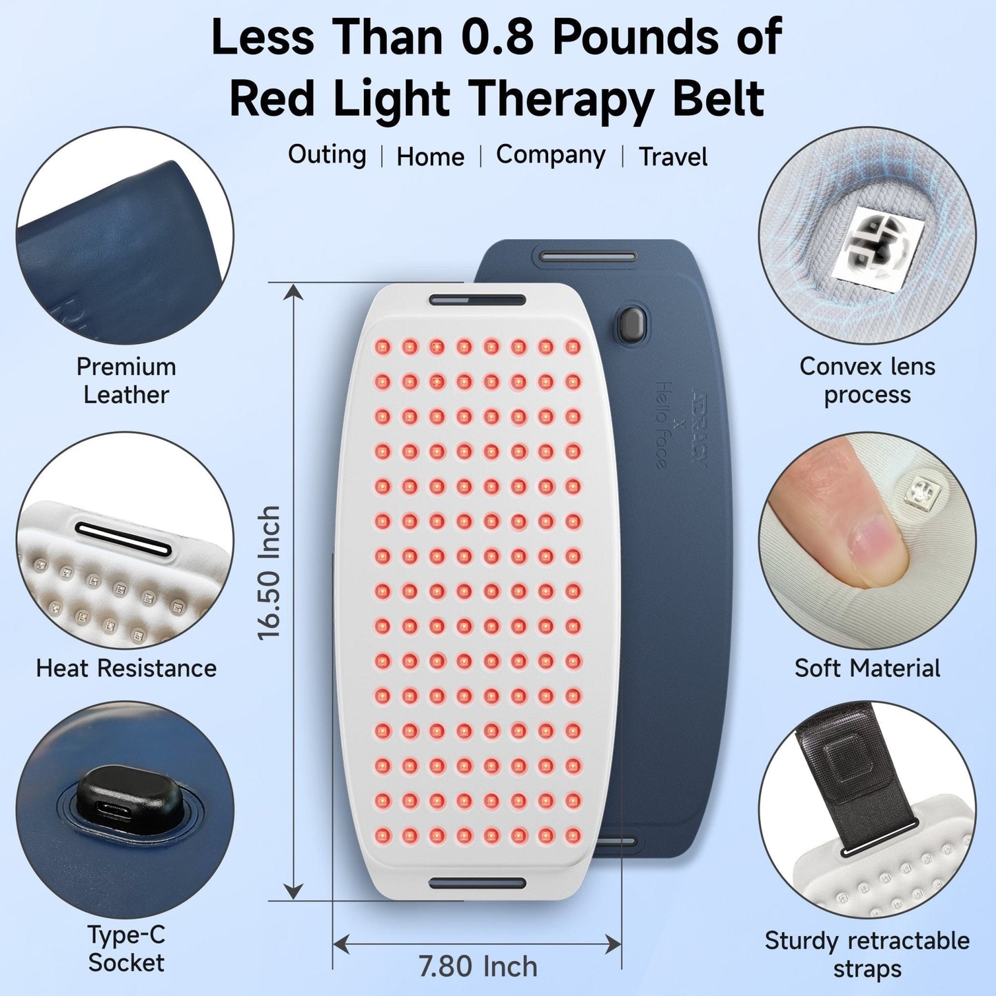 【Dual-Wavelength Red Light Therapy】 Featuring 120 upgraded 3-in-1 LED beads, our red light therapy belt combines 630nm red light with 850nm near-infrared light for maximum effectiveness. This dual-spectrum design stimulates collagen production, reduces wr