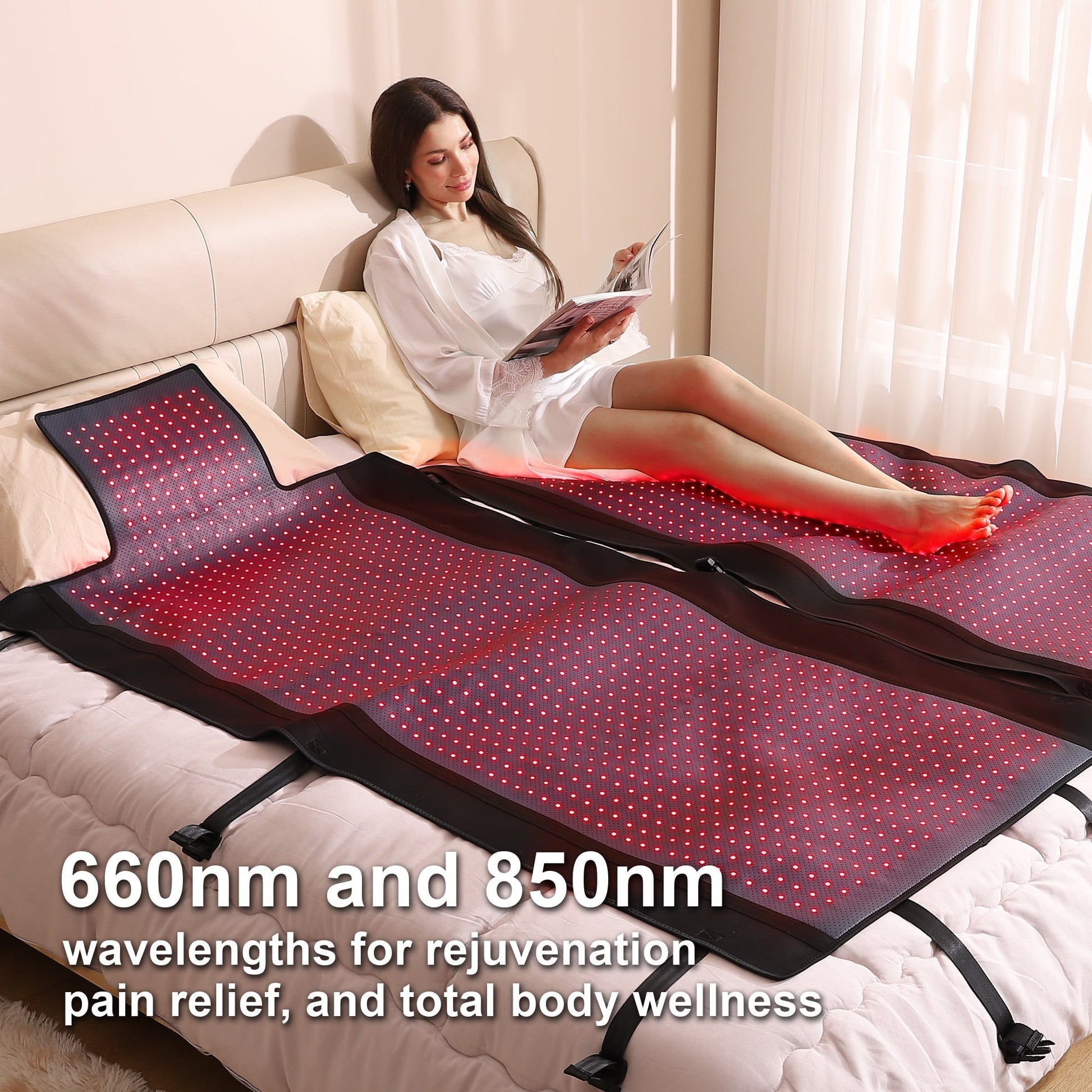 Whole-Body Red Light Therapy for Home Use: Experience the benefits of the Whole-Body Red Light Therapy Mat, featuring 2,570 light beads emitting dual wavelengths (660nm and 850nm). This innovative spectrum delivers comprehensive therapy, effectively addre