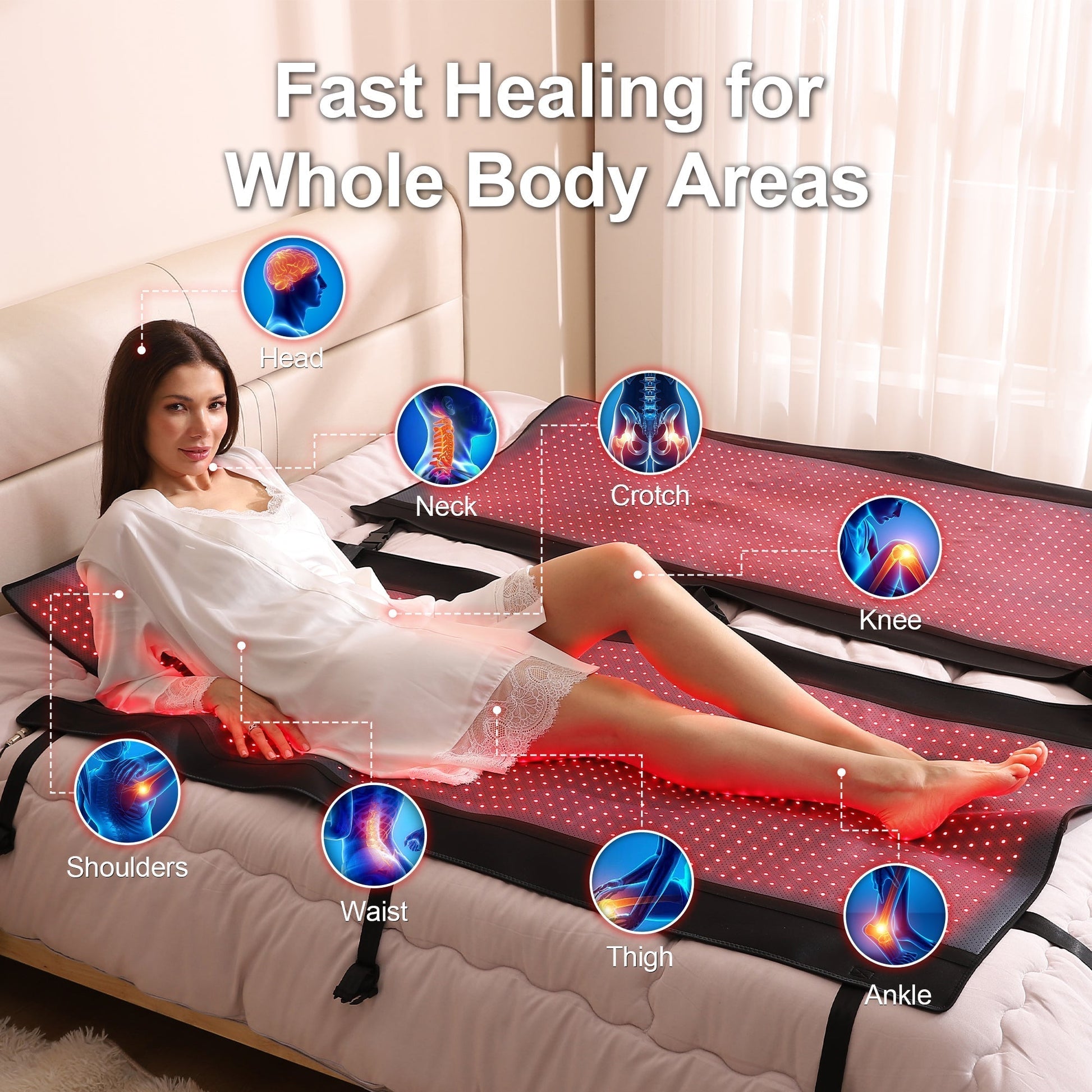 Whole-Body Red Light Therapy for Home Use: Experience the benefits of the Whole-Body Red Light Therapy Mat, featuring 2,570 light beads emitting dual wavelengths (660nm and 850nm). This innovative spectrum delivers comprehensive therapy, effectively addre