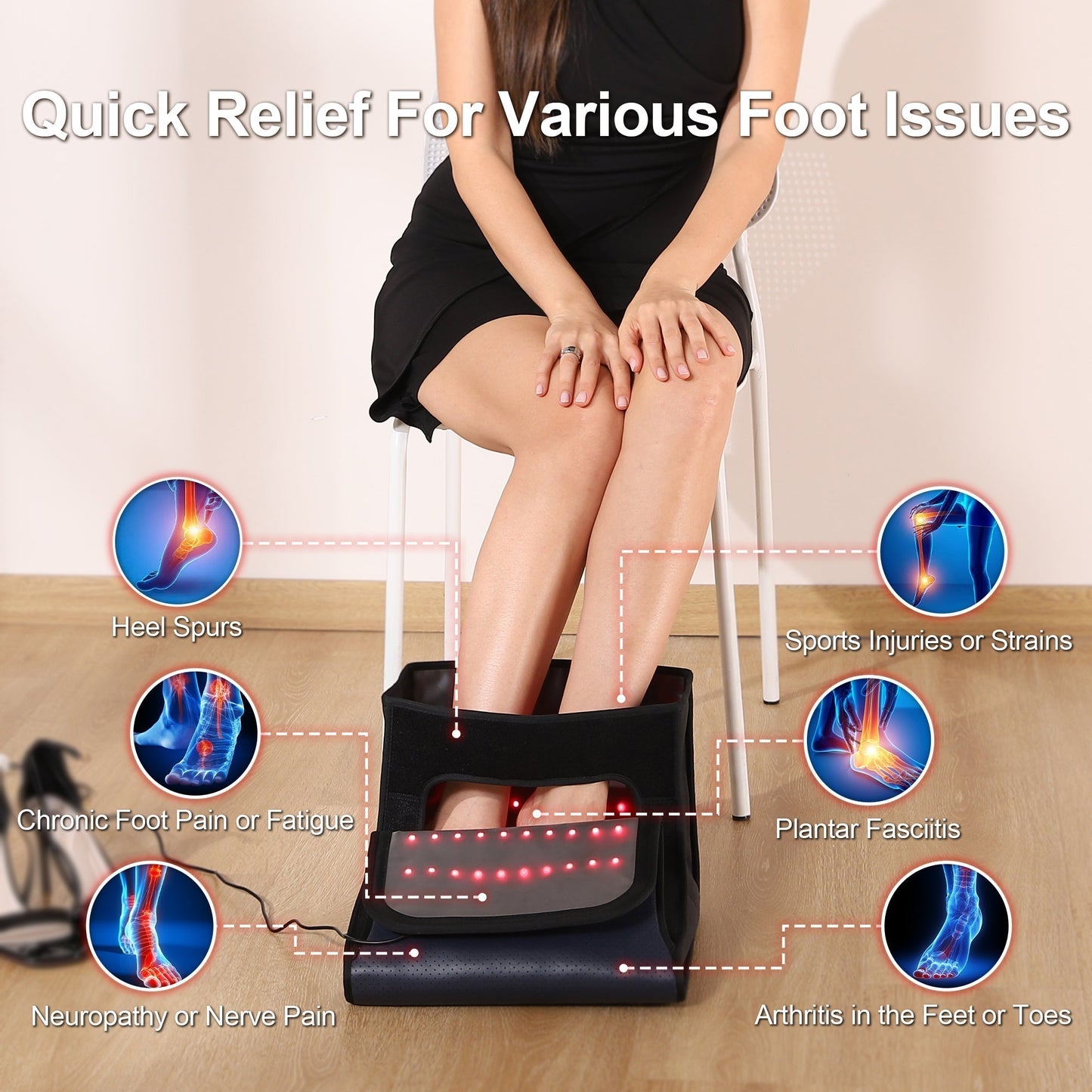 Targeted Red Light Therapy for Feet: Specially designed to alleviate foot discomfort, this device features an ergonomic, foot-shaped design that ensures complete and comfortable coverage. It’s perfect for soothing pain from jogging, hiking, standing for e